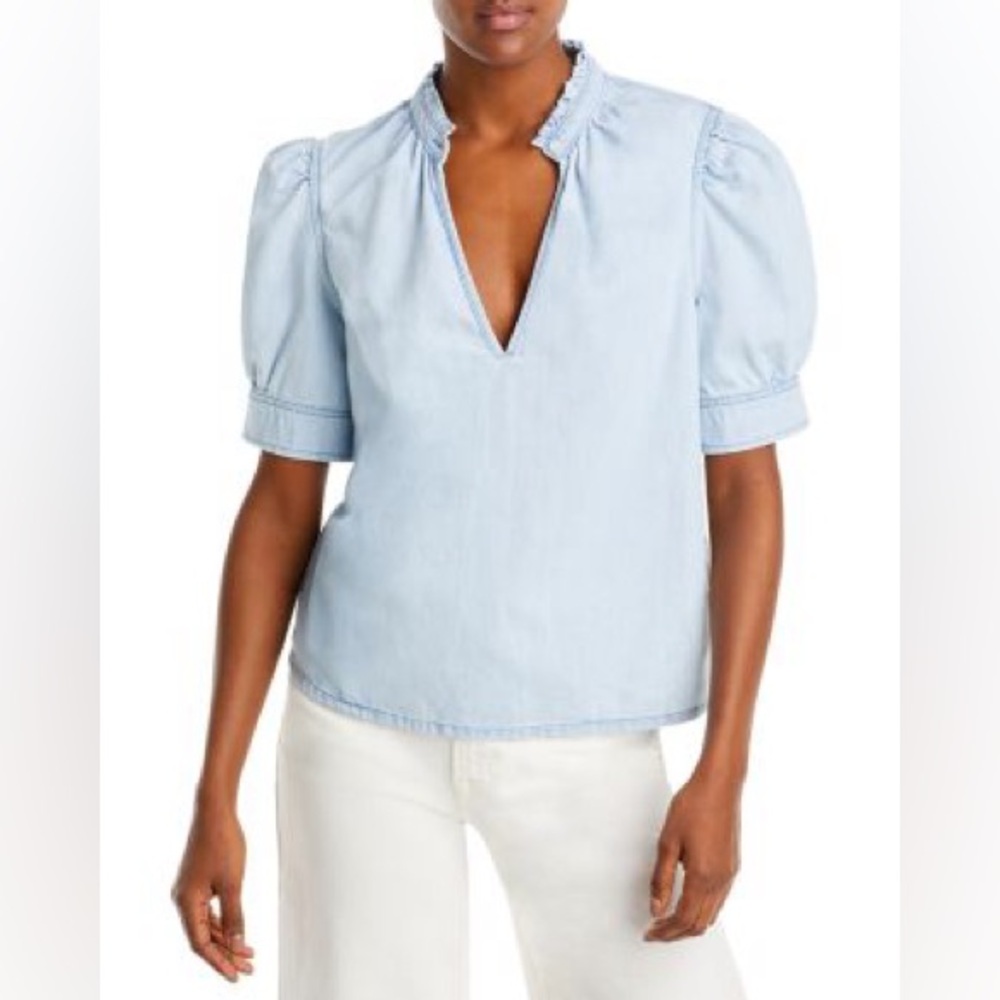 Frame Deep V Ruffle Denim Light Blue Puff Sleeve Blouse NWT